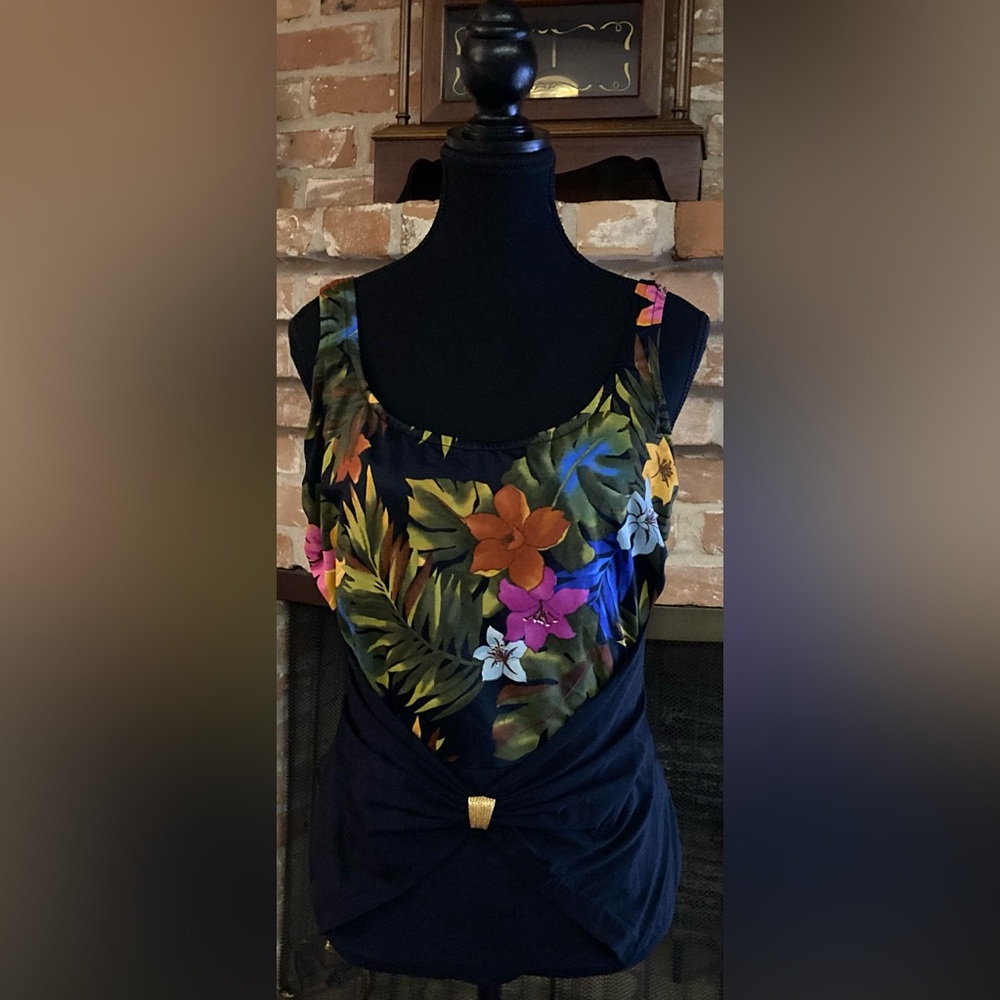 Slim Allure Tropical Top With Black Bottom One Piece Swimsuit